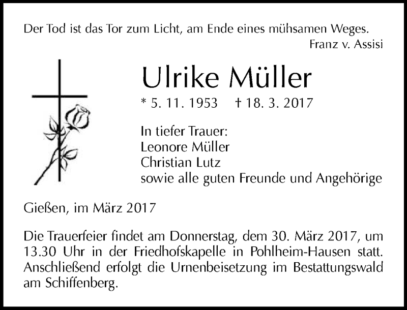  Traueranzeige für Ulrike Müller vom 25.03.2017 aus  Gießener Anzeiger