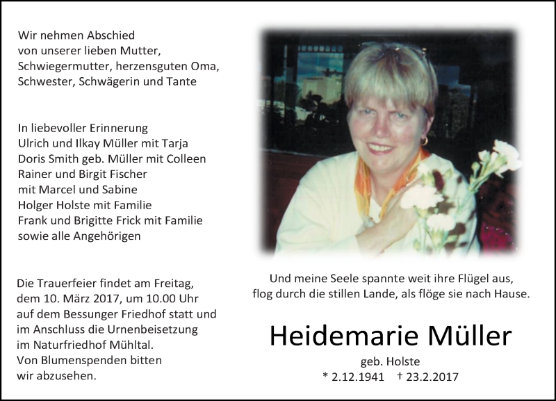  Traueranzeige für Heidemarie Müller vom 04.03.2017 aus Trauerportal Echo Online
