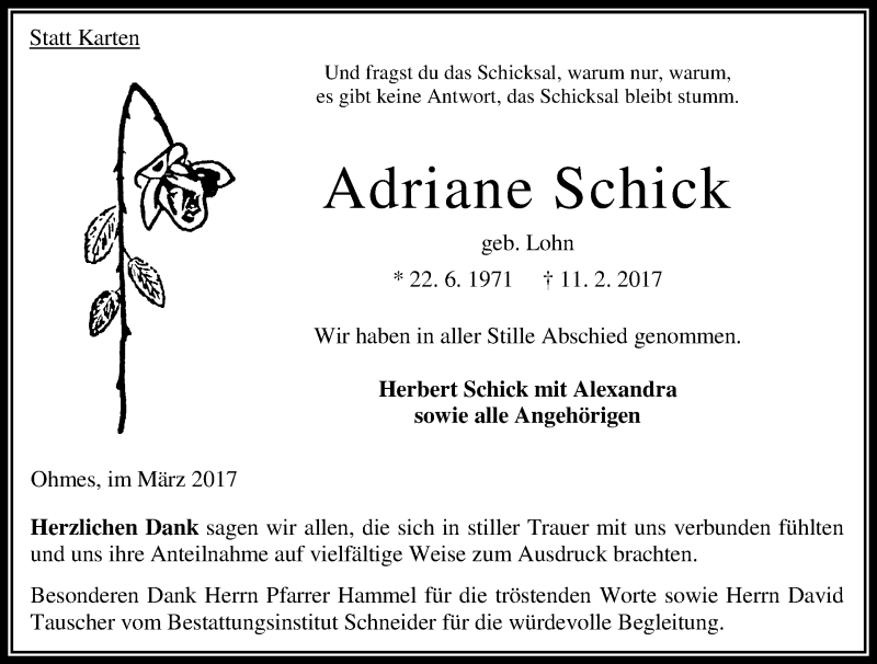  Traueranzeige für Adriane Schick vom 04.03.2017 aus VRM Trauer