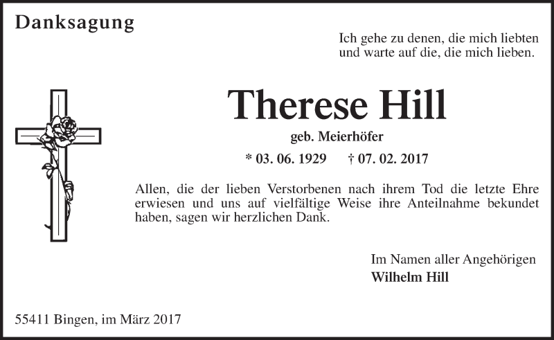  Traueranzeige für Therese Hill vom 25.03.2017 aus Trauerportal Rhein Main Presse