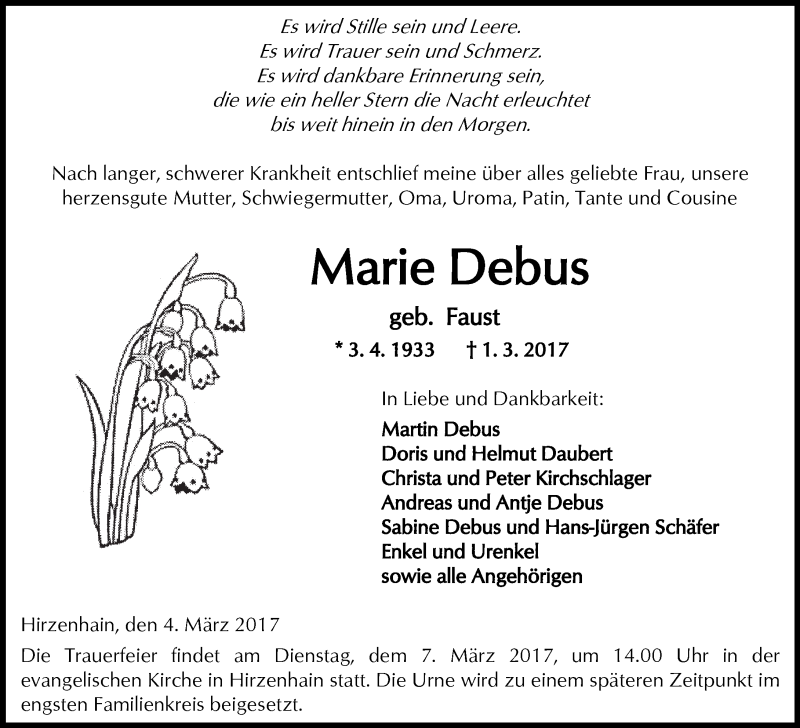  Traueranzeige für Marie Debus vom 04.03.2017 aus  Kreisanzeiger