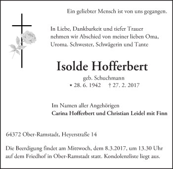 Traueranzeige von Isolde Hofferbert von Trauerportal Echo Online