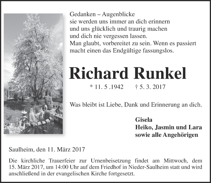  Traueranzeige für Richard Runkel vom 11.03.2017 aus Trauerportal Rhein Main Presse