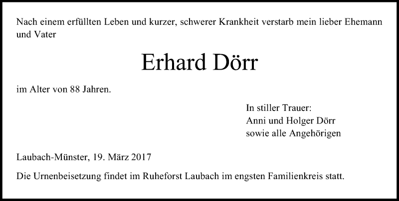  Traueranzeige für Erhard Dörr vom 23.03.2017 aus  Gießener Anzeiger