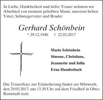 Traueranzeige von Gerhard Schönbein von Trauerportal Echo Online