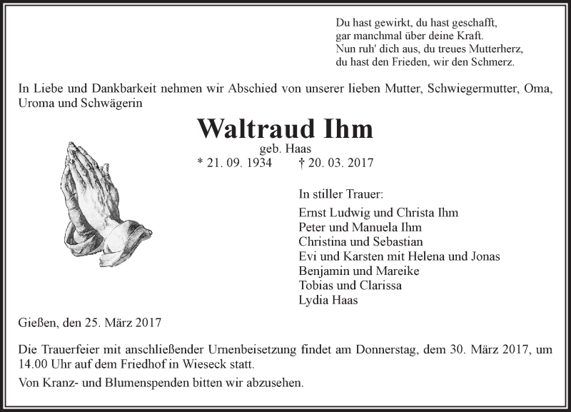  Traueranzeige für Waltraud Ihm vom 25.03.2017 aus  Gießener Anzeiger