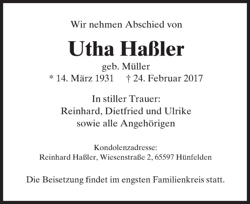  Traueranzeige für Utha Haßler vom 02.03.2017 aus  Camberger Anzeiger