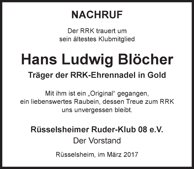 Traueranzeige für Hans Ludwig Blöcher vom 09.03.2017 aus Trauerportal Rhein Main Presse