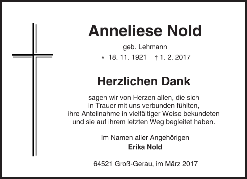  Traueranzeige für Anneliese Nold vom 04.03.2017 aus Trauerportal Echo Online