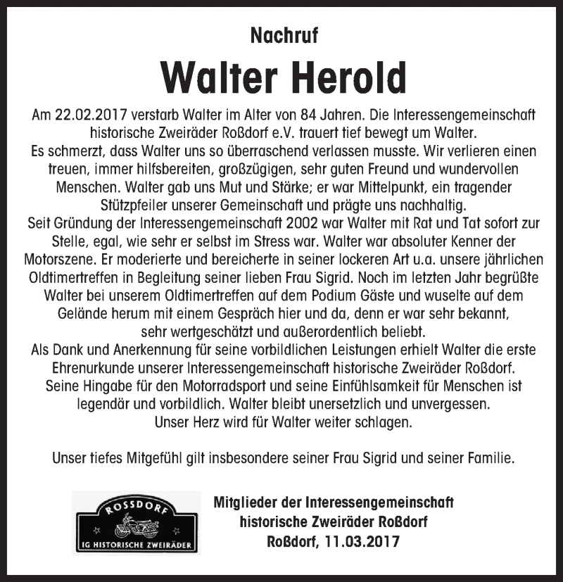  Traueranzeige für Walter Herold vom 11.03.2017 aus Trauerportal Echo Online