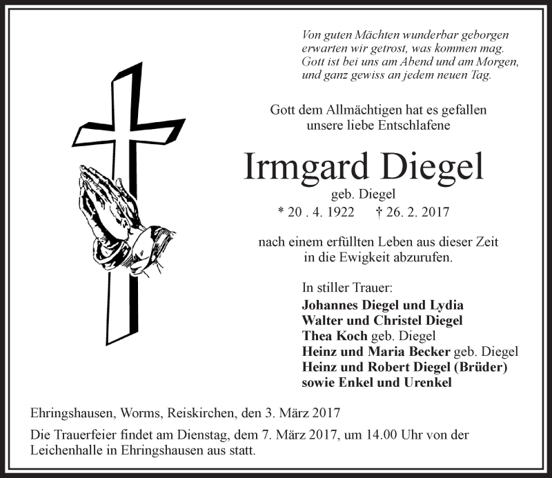  Traueranzeige für Irmgard Diegel vom 03.03.2017 aus VRM Trauer