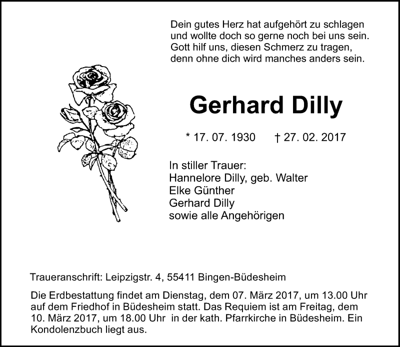  Traueranzeige für Gerhard Dilly vom 04.03.2017 aus Trauerportal Rhein Main Presse