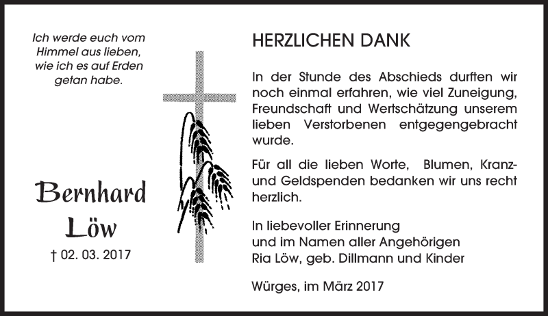  Traueranzeige für Bernhard Löw vom 23.03.2017 aus  Camberger Anzeiger