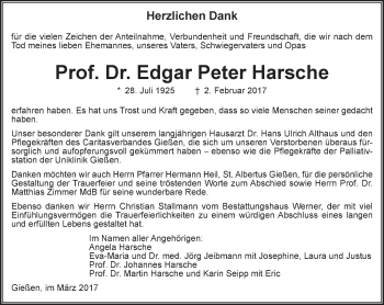 Traueranzeige von Edgar Peter Harsche von  Gießener Anzeiger