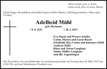 Traueranzeige von Adelheid Mühl von Trauerportal Rhein Main Presse