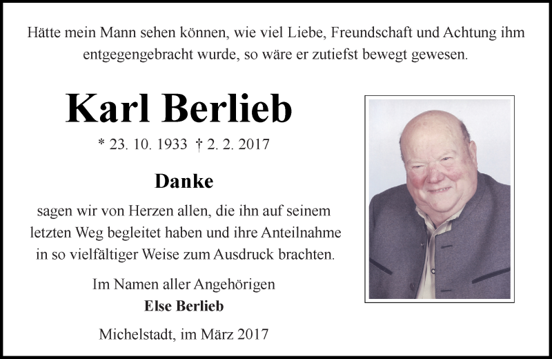  Traueranzeige für Karl Berlieb vom 18.03.2017 aus Trauerportal Echo Online