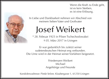 Traueranzeige von Josef Weikert von  Usinger Anzeiger