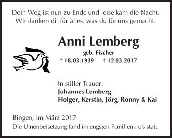 Traueranzeige von Anni Lemberg von Trauerportal Rhein Main Presse