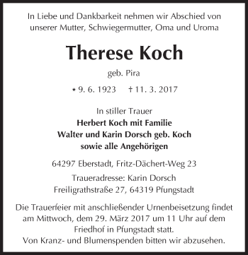 Traueranzeige von Therese Koch von Trauerportal Echo Online