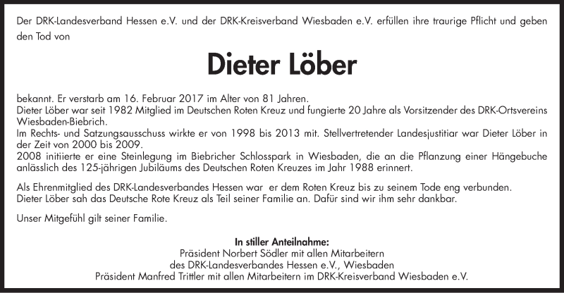  Traueranzeige für Dieter Löber vom 03.03.2017 aus Trauerportal Rhein Main Presse