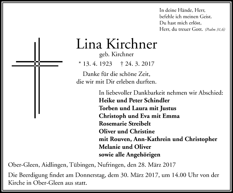  Traueranzeige für Lina Kirchner vom 28.03.2017 aus VRM Trauer