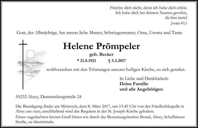  Traueranzeige für Helene Prömpeler vom 06.03.2017 aus Trauerportal Rhein Main Presse