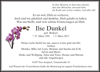 Traueranzeige von Ilse Dunkel von  Usinger Anzeiger