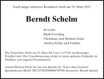 Traueranzeige von Berndt Schelm von Trauerportal Echo Online