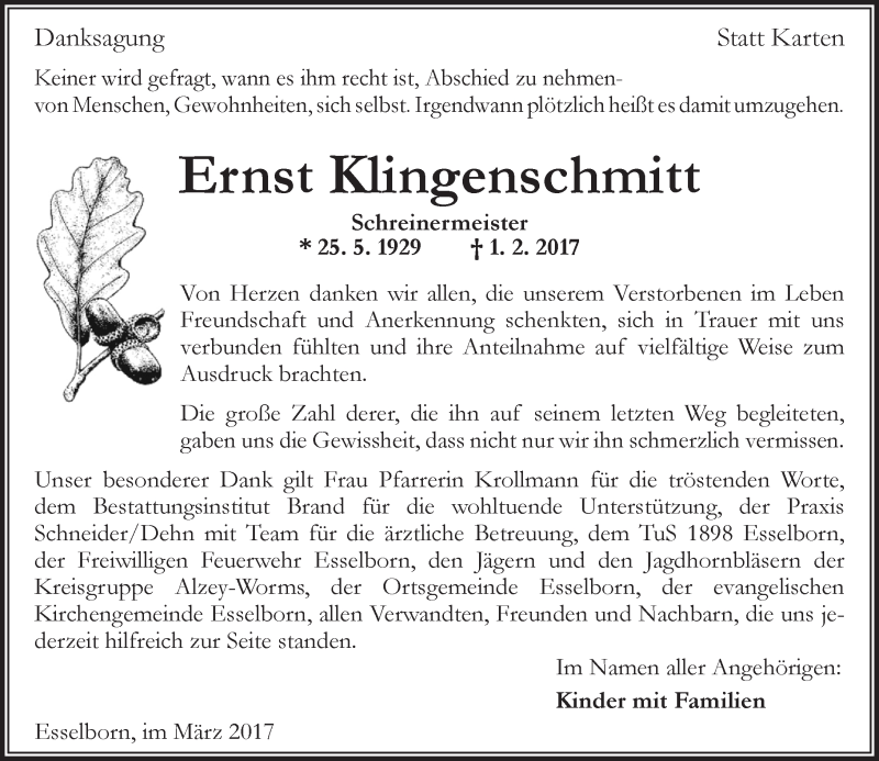  Traueranzeige für Ernst Klingenschmitt vom 04.03.2017 aus Trauerportal Rhein Main Presse