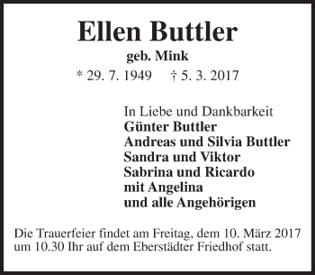 Traueranzeige von Ellen Buttler von Trauerportal Echo Online