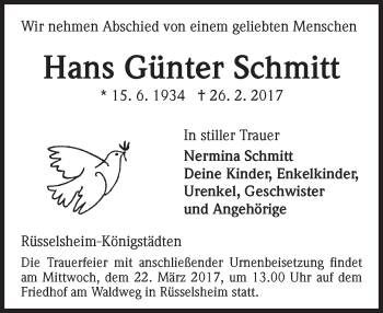 Traueranzeige von Hans Günter Schmitt von Trauerportal Rhein Main Presse