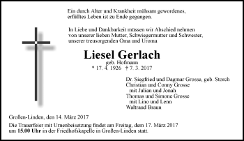 Traueranzeige von Liesel Gerlach von  Gießener Anzeiger