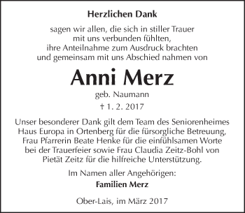 Traueranzeige von Anni Merz von  Kreisanzeiger