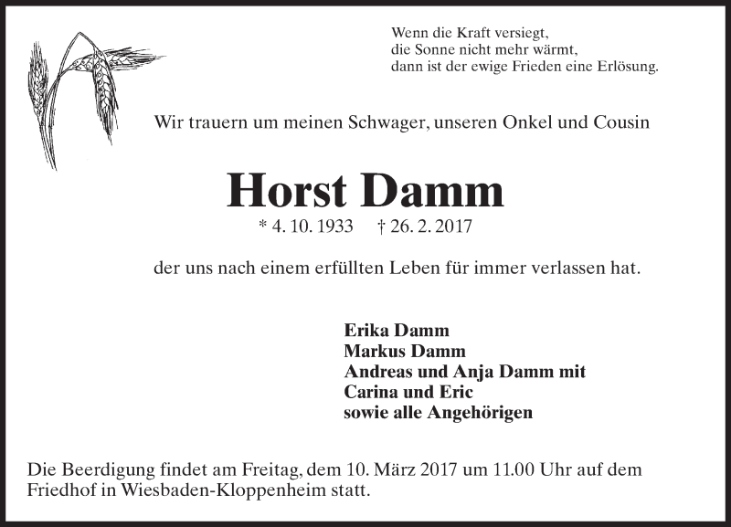  Traueranzeige für Horst Damm vom 04.03.2017 aus Trauerportal Rhein Main Presse