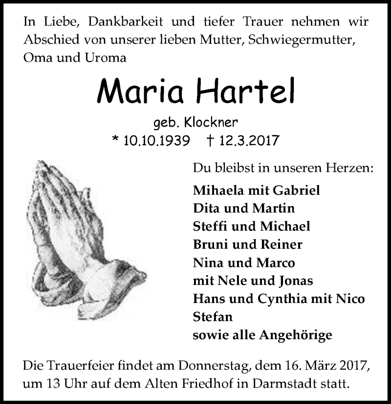  Traueranzeige für Maria Hartel vom 14.03.2017 aus Trauerportal Echo Online