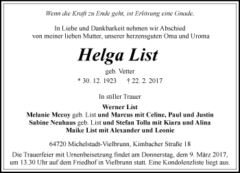 Traueranzeige von Helga List von Trauerportal Echo Online