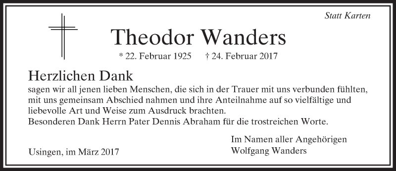  Traueranzeige für Theodor Wanders vom 25.03.2017 aus  Usinger Anzeiger