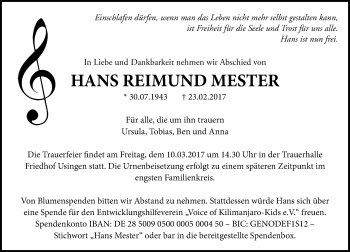 Traueranzeige von Hans Reimund Mester von  Usinger Anzeiger