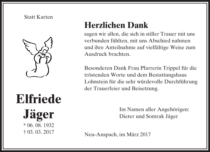  Traueranzeige für Elfriede Jäger vom 25.03.2017 aus  Usinger Anzeiger