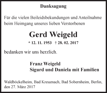 Traueranzeige von Gerd Weigeld von Trauerportal Rhein Main Presse