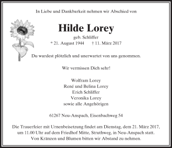 Traueranzeige von Hilde Lorey von  Usinger Anzeiger