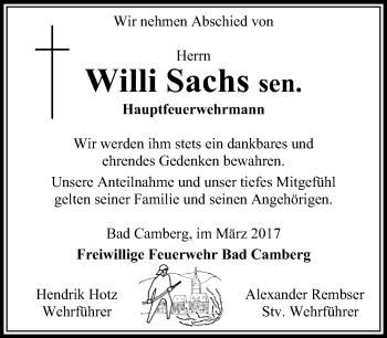 Traueranzeige von Willi Sachs von  Camberger Anzeiger