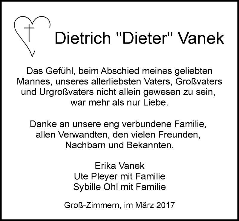  Traueranzeige für Dietrich Dieter Vanek vom 18.03.2017 aus Trauerportal Echo Online