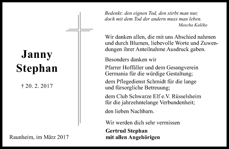  Traueranzeige für Janny Stephan vom 18.03.2017 aus Trauerportal Rhein Main Presse