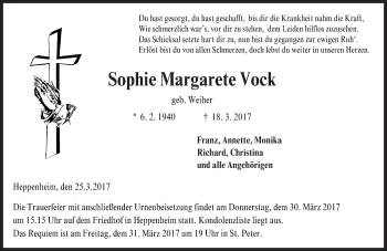 Traueranzeige von Sophie Margarete Vock von Trauerportal Echo Online