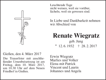 Traueranzeige von Renate Wiegratz von  Gießener Anzeiger