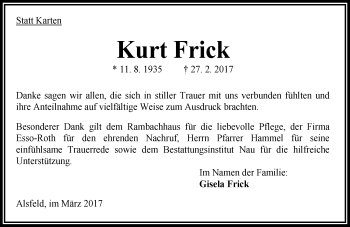 Traueranzeige von Kurt Frick von VRM Trauer