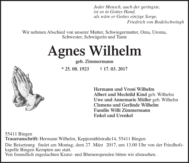  Traueranzeige für Agnes Wilhelm vom 21.03.2017 aus Trauerportal Rhein Main Presse