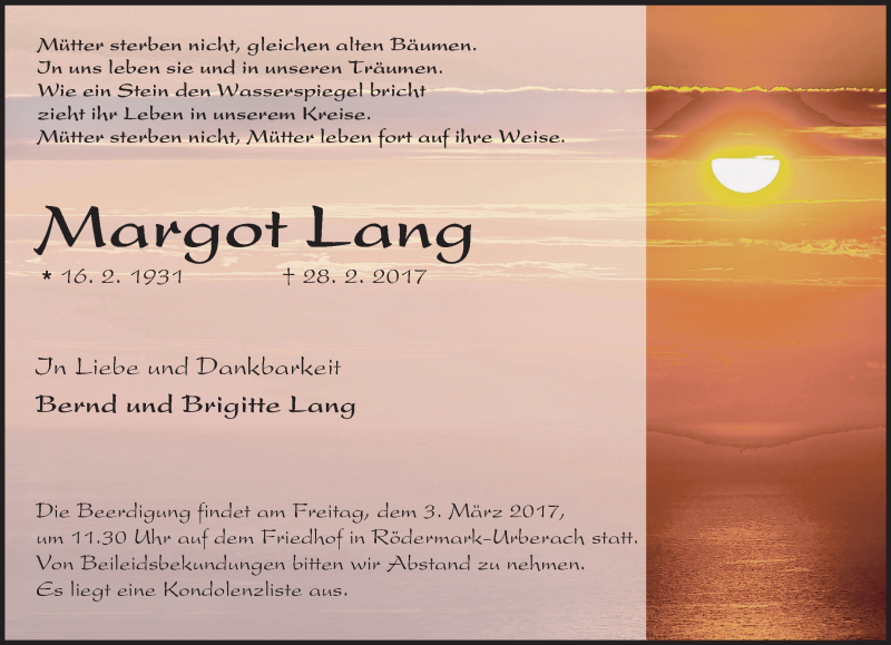  Traueranzeige für Margot Lang vom 02.03.2017 aus Trauerportal Echo Online