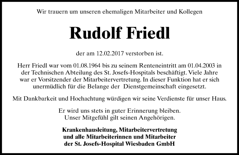  Traueranzeige für Rudolf Friedl vom 03.03.2017 aus Trauerportal Rhein Main Presse
